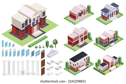 Classic architecture isometric set of isolated houses with neighborhoods and constructor elements columns doors and windows vector illustration