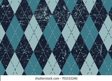 Classic Argyle Aged Seamless Pattern. Traditional Diamond Check Seamless Print With Grunge Texture. Grunge Vintage Seamless Background. 