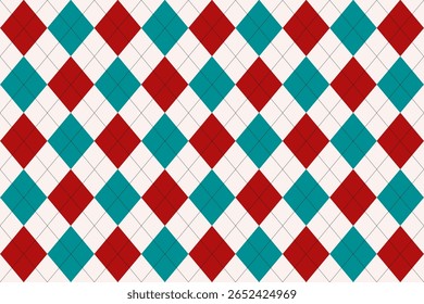  Padrão de argila clássico em vermelho, azul-petróleo e branco, perfeito para designs festivos, embrulho de presente ou têxteis de férias.