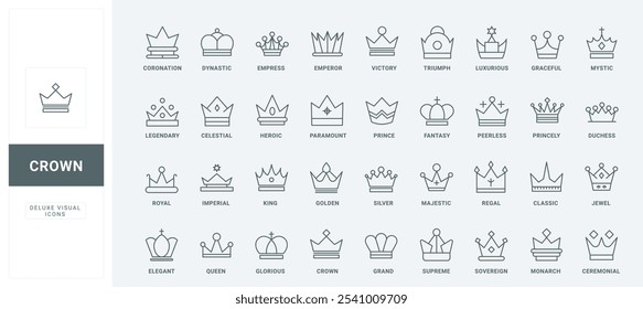 La aristocracia clásica, la heráldica medieval y el signo del monarca del reino, los delgados símbolos de contorno negro de rey y reina, el trofeo ganador y la Ilustración vectorial de decoración de Regalías. Conjunto de iconos de línea de coronas.