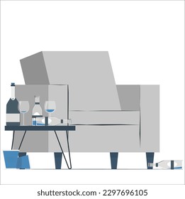 Classic armchair art deco style in blue velvet with wooden legs isolated on white background. Front view, grey shadow. Series of furniture