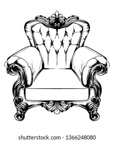 Classic armchair Vector. Royal style decotations. Victorian ornaments engraved. Imperial furniture decor illustration line art