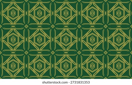 Un patrón geométrico Art Deco clásico con elegantes líneas doradas sobre un fondo verde bosque. La disposición simétrica de hexágonos y diamantes anidados proporciona un aspecto atemporal para la marca de lujo, Fondo de pantalla de alta gama y materiales de impresión sofisticados.