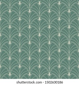 Classic Art Deco Seamless Pattern on green background. Geometric Stylish Texture with royal lily.  Abstract Retro Vector Texture. Vintage Royal wallpaper. Vector illustration
