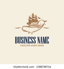 A classic and artistic vector logo inspired by traditional scrimshaw carvings. The design features a majestic tall sailing ship riding atop a large whale silhouette, set against a clean, off-white background. Utilizing a vintage brown and navy blue color palette with hand-etched detailing, this professional emblem evokes themes of maritime history and ocean adventure. It is ideal for nautical-themed businesses, seafood restaurants, marine conservation groups, and heritage-focused apparel.