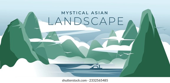 Classic Asian Chinese landscape. Hills on the river under the fog. Green and blue. Gradient. Vector illustration.