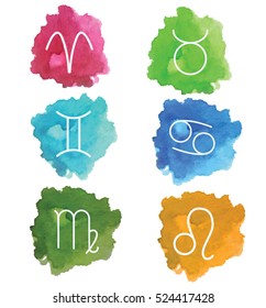 Classic astrological zodiac signs. Vector set. Icons in artistic watercolor splashes. Isolated design elements