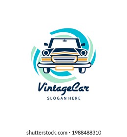Classic auto car with whirlpool  logo vector template front view. Car wash concept.