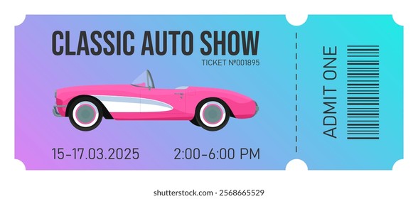 Classic Auto Show event ticket design illustration. Pink vintage corvette car on gradient background. Modern coupon