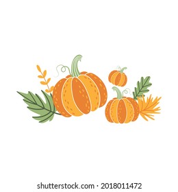 Classic autumn composition of ripe pumpkins and fallen leaves. Cute clipart, element, object, item for sticker, greeting card, invitation, advertising seasonal discounts and sales. Thanksgiving decor.