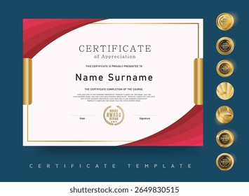 Classic award certificate template with red curtain design golden side borders and clean layout perfect for diploma appreciation or official recognition