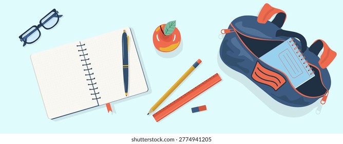 Classic Back to School Flat Lay Vector Open Backpack with Notebook Pencil Ruler and Red Apple on Desk Minimalist Stationery Set for Elementary Education