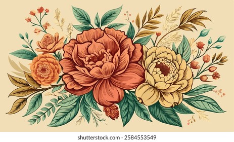 A classic background featuring detailed, hand-drawn flowers and leaves in a vintage-style ink and watercolor effect. Flower illustration background