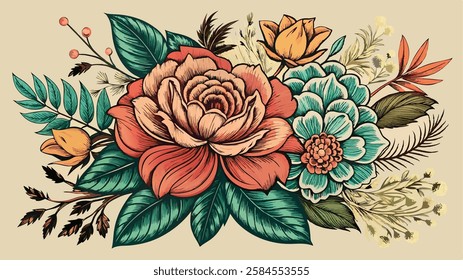 A classic background featuring detailed, hand-drawn flowers and leaves in a vintage-style ink and watercolor effect. Flower illustration background