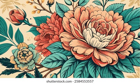 A classic background featuring detailed, hand-drawn flowers and leaves in a vintage-style ink and watercolor effect. Flower illustration background