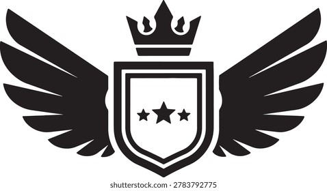 Classic badge featuring protective shield with three stars. Royal crown atop winged emblem for military or academic identity. Vintage style coat of arms vector graphic. Corporate security symbol.