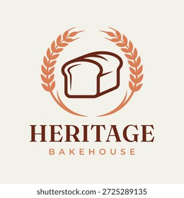 Design clássico do logotipo da padaria com um pão fatiado dentro de uma coroa de trigo. Vetor estilo emblema retro adequado para padaria, pastelaria, marca de alimentos e rótulos de produtos orgânicos