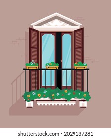 Classic balcony with steel railings on a gray wall flat vector illustration