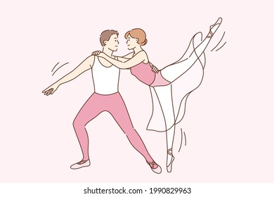 Classic ballet dancers and art concept. Young smiling couple cartoon characters in traditional classical wear for dancing standing in position dancing ballet performing vector illustration 