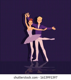 Classic ballet dancers couple in elegant beautiful pose flat cartoon vector illustration on dark background. Theater artists in music entertainment performances.