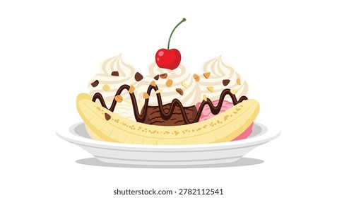 classic banana split dessert features three scoops of ice cream topped with whipped cream, chocolate syrup, nuts, and a single red cherry.