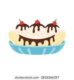Classic Banana Split Dessert Illustration with Vanilla Ice Cream, Chocolate Syrup, and Cherries