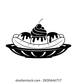 A classic banana split featuring fresh bananas, ice cream, chocolate syrup, whipped cream, and a cherry on top, served on a decorative plate.