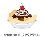 Classic Banana Split Ice Cream Sundae vector illustration. Banana split ice cream boat sundae icon isolated on a white background. Ice cream sundae with banana, whipped cream and wafer drawing