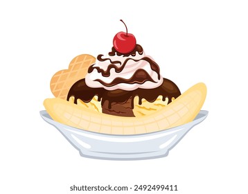 Classic Banana Split Ice Cream Sundae vector illustration. Banana split ice cream boat sundae icon isolated on a white background. Ice cream sundae with banana, whipped cream and wafer drawing