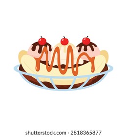Classic Banana Split Ice Cream Sundae with Chocolate Sauce Caramel and Cherries Illustration