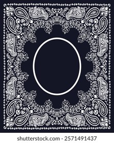 A classic bandana pattern in black and white paisley and other intricate designs, framed by a border of the same pattern on a grey background.