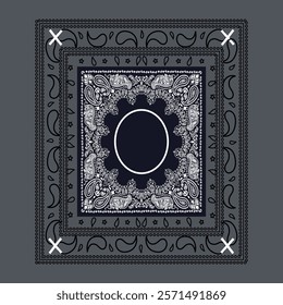 A classic bandana pattern in black and white paisley and other intricate designs, framed by a border of the same pattern on a grey background.