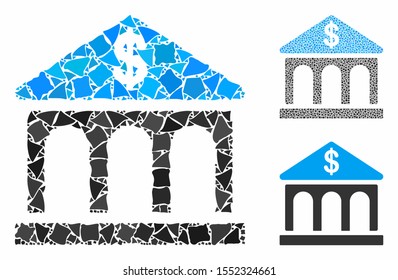 Classic bank building composition of bumpy parts in different sizes and color tints, based on classic bank building icon. Vector rough parts are combined into illustration.