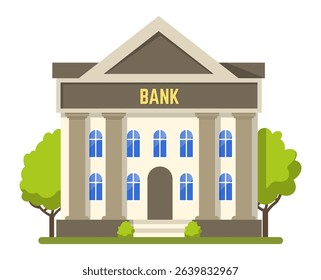 Classic bank building featuring elegant columns, a grand doorway, and nearby trees, symbolizing financial services, savings, loans, and investments in a thriving urban environment