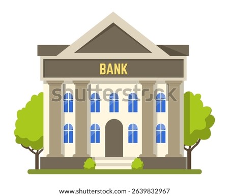 Classic bank building featuring elegant columns, a grand doorway, and nearby trees, symbolizing financial services, savings, loans, and investments in a thriving urban environment