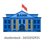 Classic bank building with red flag fluttering 2D cartoon object. Financial institution with columns. Banking government facility isolated element flat vector clip art on white. Spot illustration