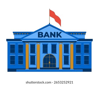 Edifício de banco clássico com bandeira vermelha flutuando objeto de desenho animado 2D. Instituição financeira com colunas. Instalação do governo bancário elemento isolado plana vetor clip art no branco. Ilustração pontual