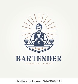 classic bar and eatery with bartender making cocktail label logo vector illustration design