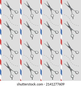 Classic barber pattern, barbershop scissors background template, vintage haircut flag pole vector illustration design