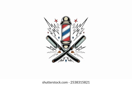 Classic barber pole with crossed razors and lightning bolts.