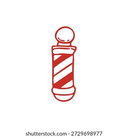 Um poste de barbeiro clássico com listras diagonais vermelhas e brancas, simbolizando uma barbearia ou salão de cabeleireiro.