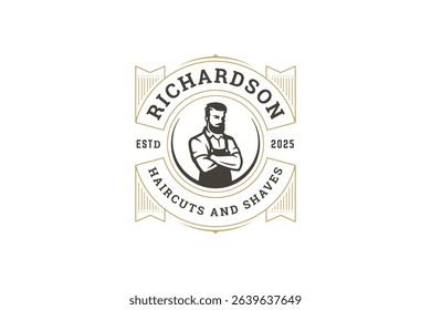 Classic barber shop emblem featuring a confident man with beard and mustache, surrounded by elegant text and vintage elements. Perfect for branding a grooming service. Vector illustration