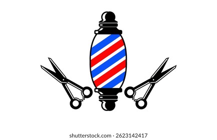 Classic Barber Shop Pole with Crossed Scissors Illustration for Hairdressing and Grooming Business