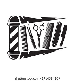 Herramientas clásicas de barbería que incluyen peines, tijeras y un diseño de poste de barbero a rayas