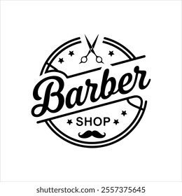 Classic Barber Shop vector silhouette Logo Design with Moustache and Razors, Haircuts and
 Shaves Branding