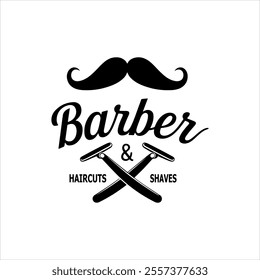 Classic Barber Shop vector silhouette Logo Design with Moustache and Razors, Haircuts and  Shaves Branding