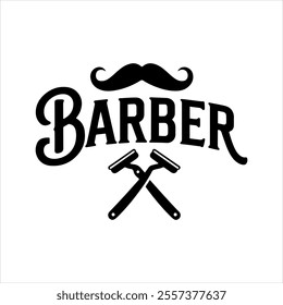 Classic Barber Shop vector silhouette Logo Design with Moustache and Razors, Haircuts and  Shaves Branding