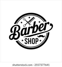 Classic Barber Shop vector silhouette Logo Design with Moustache and Razors, Haircuts and  Shaves Branding