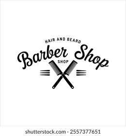 Classic Barber Shop vector silhouette Logo Design with Moustache and Razors, Haircuts and  Shaves Branding