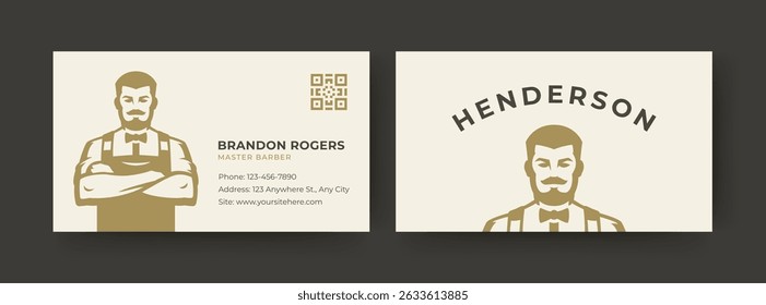 Classic barbershop business card with bold masculine figure, vintage bow tie style, modern QR code, and clean contact layout on light background. Vector illustration